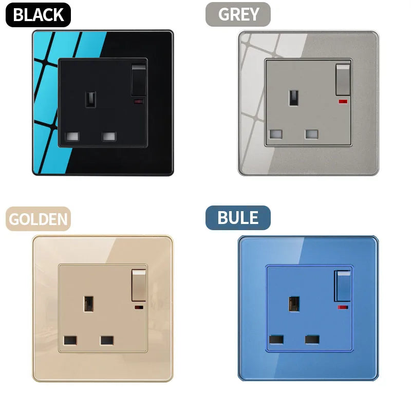 EU Russia France UK Socket AC Panel 86 Wall Switch Toggle Press Light Switch On/Off Crystal Tempered Glass Panel Wall Outlet