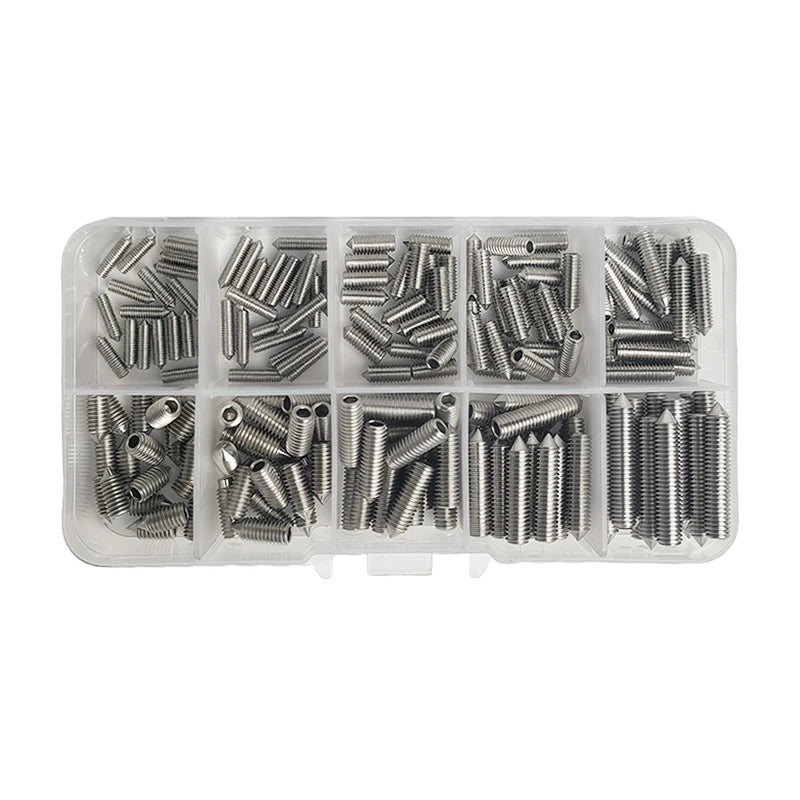 DIN914 304 Stainless Steel Hex Socket Point Grub Screws Set with M3, M4, M5, M6, M8, M10 Sizes - High - Hardness Assortment