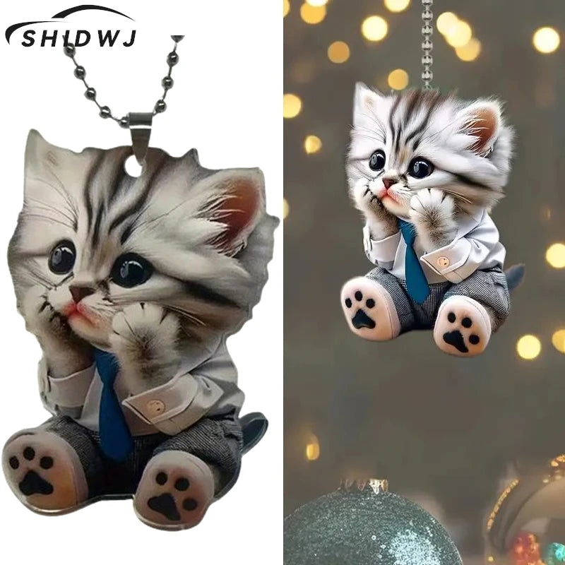 Car Pendant Hanging Ornament With Chain Realistic Animal Cat-Shaped 2D Pendant Rearview Mirror Hanging Decor Car Accessories
