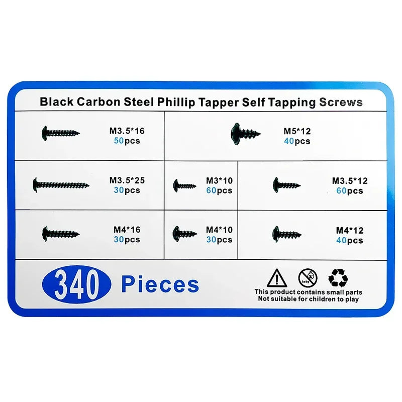 340PCS PWA Cross Self-Tapping Black Screw M3 M3.5 M4 M4.8 Carbon Steel Round Pan Head Tapping Screw with Washer Assortment Kit