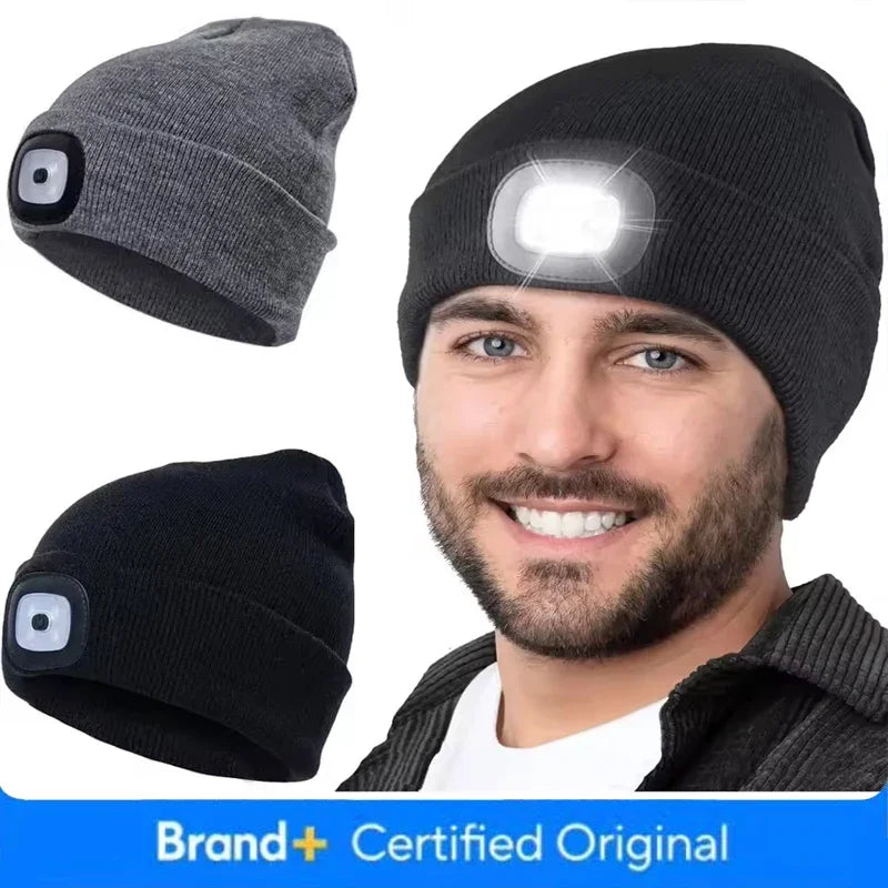LED Lighted Beanie Hat USB Rechargeable Unisex Warm Winter Knitted Cap Headlamp Flashlight For Night Running Cycling Amagi