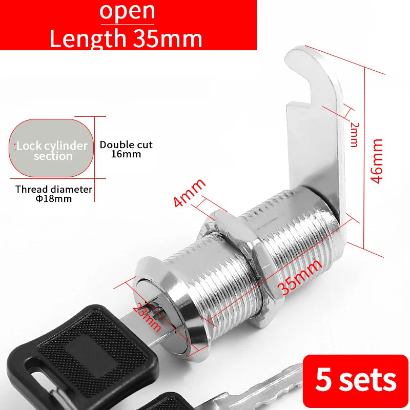 Cabinet Cam Lock Set, 5 Pack Two-Sided Keyed Alike 16MM-30MM Cylinder Cam Locks Secure Mailbox File Drawer Compartment Lock