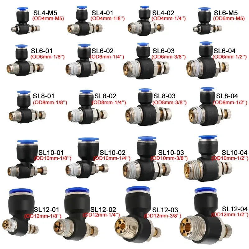5PCS SL Throttle Valve - 4-12mm Fast Connector for M5 & 1/8-1/2" Air Speed Control, Speed Regulating Valve Pneumatic Fittings