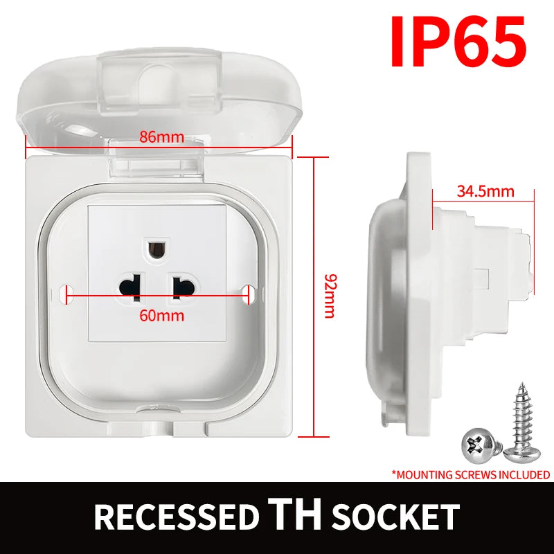 IP65 Waterproof Outdoor Socket- 16A High Power Wall Plate, 250V US/Thai Style 10A Receptacle, Bathroom & Weatherproof Electrical