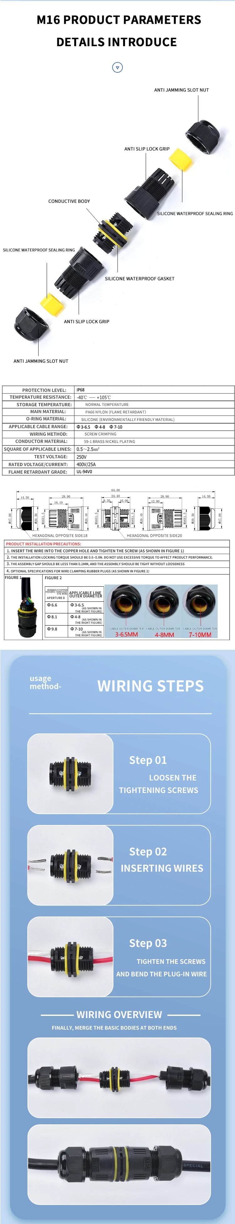 IP68 Outdoor Waterproof Junction Box Electrical Cable Connector, Easy to Install,M16 M20 M25 for Ø3.5-14mm Wire Range 2 Way