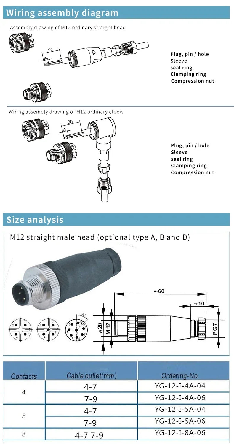 1Pcs M12 12MM Sensor Connector Straight Angle Male Female Waterproof Screw Threaded Plug Coupling 4 5 8 Pin PG7