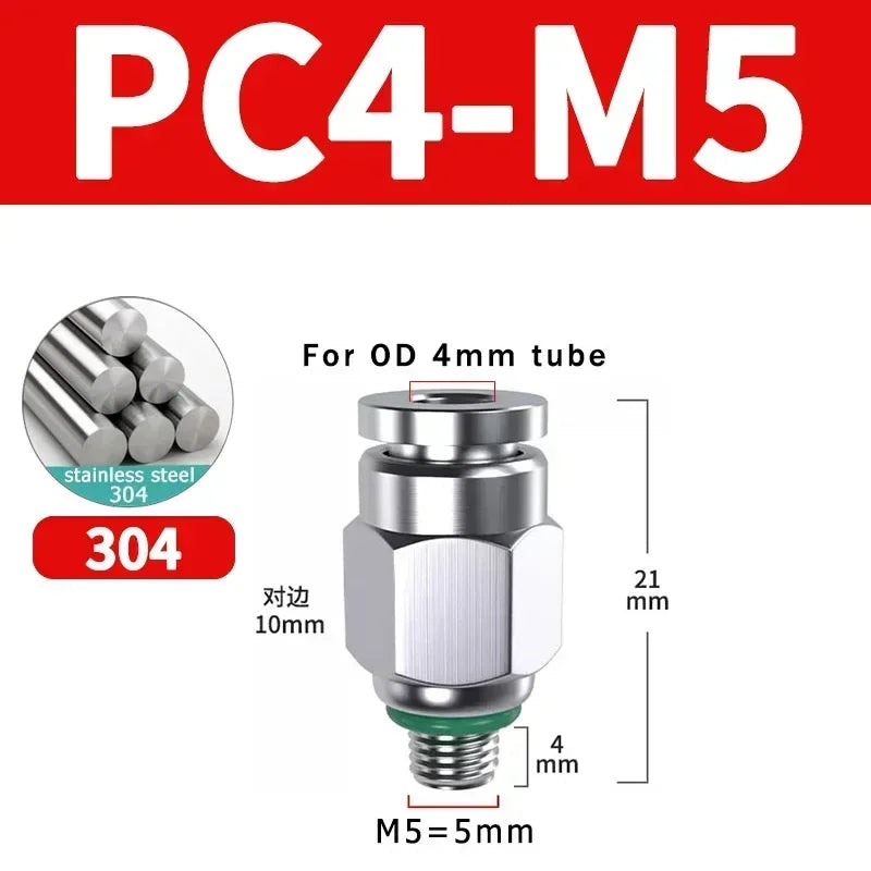 Stainless Steel PC-G Pneumatic Push-In Fitting, Straight Male G Thread Air Tube Connector for Air Compressor & Pneumatic Systems