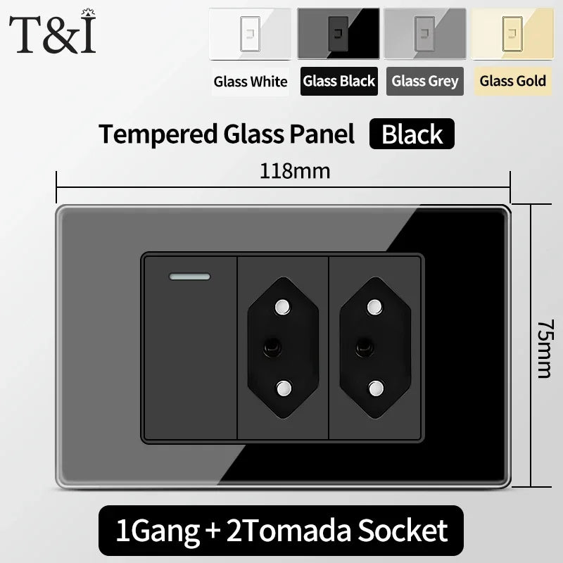 Brazil Standard Wall Socket (Type N) with Type‑C USB, 3‑Gang Wall Switch, Tempered Glass Panel, Stable Power for Home/Office
