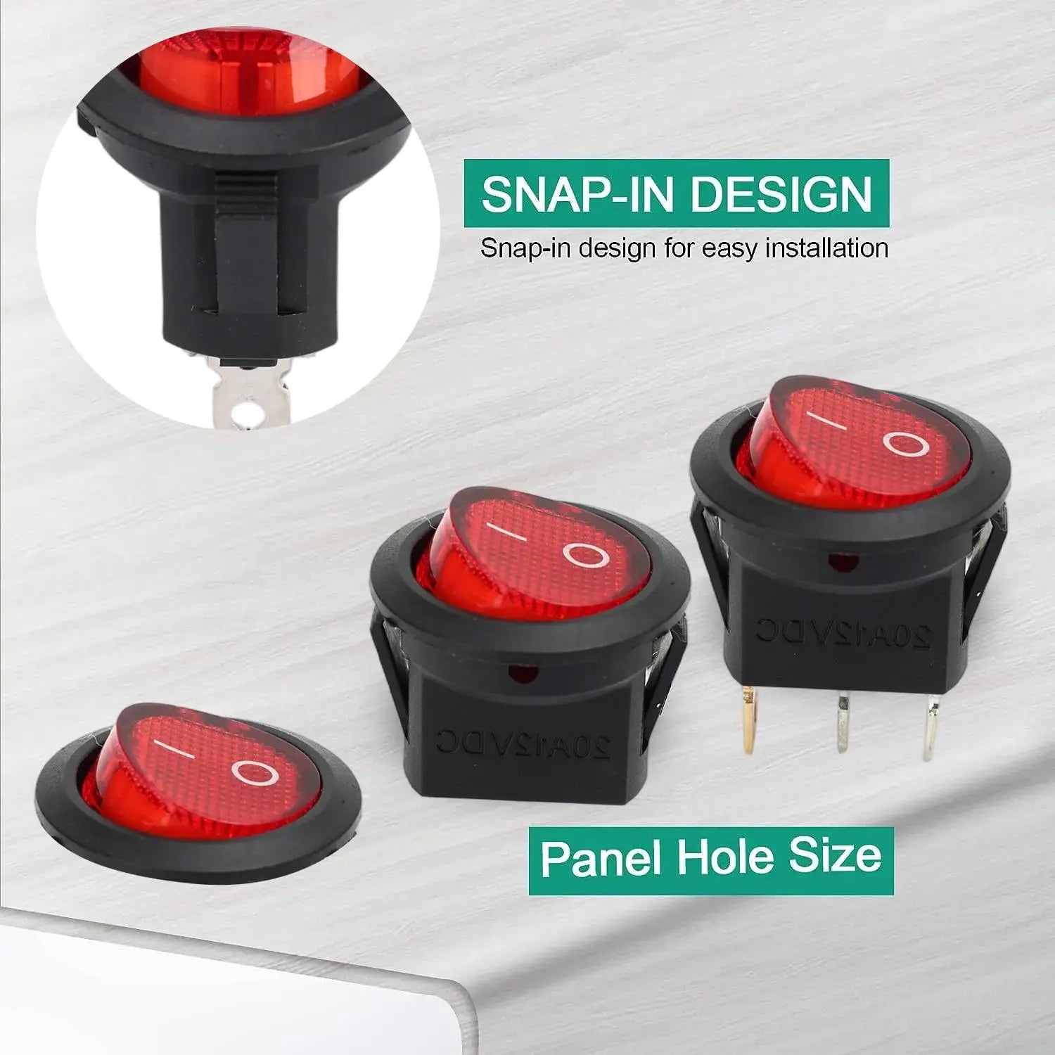 Round Boat Rocker Switch with LED On/Off 3-Pin 2-Position Snap 20A 12V Red LED for Marine Motorcycle Switches DIY Replacement