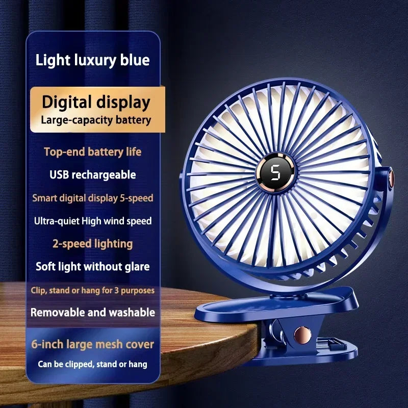 Car Clip-on Fan 5 Speed Quiet Rechargeable Desktop Portable Air Circulator Wireless Fan with LED Light for Office Amagi