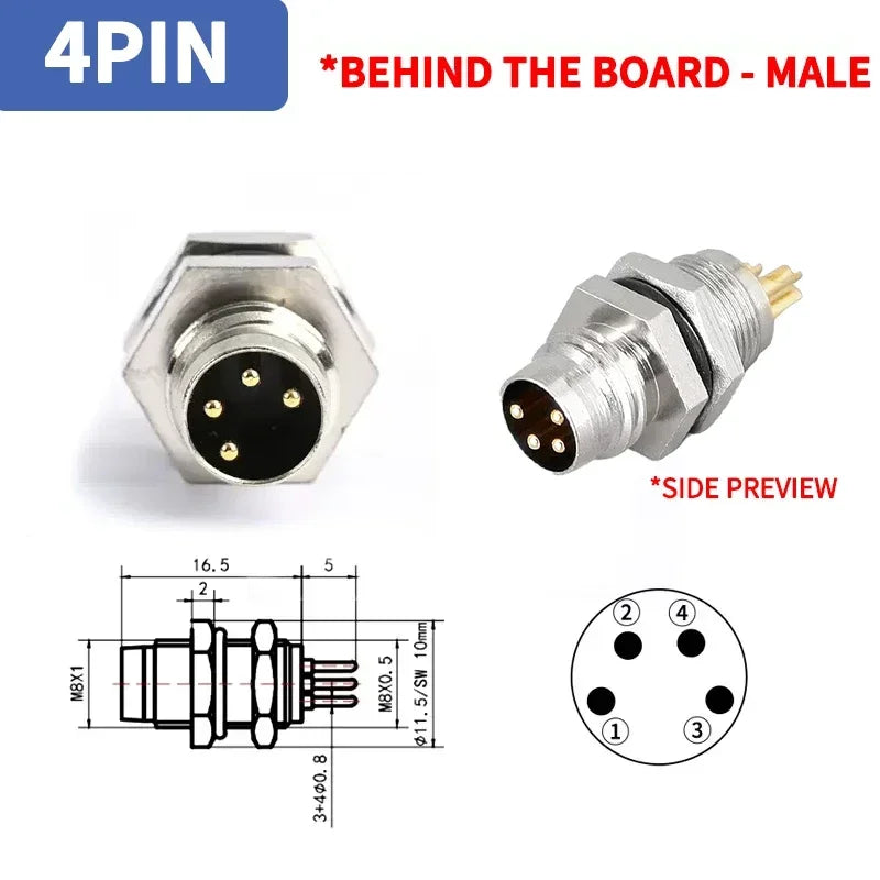 M8 Sensor Connector Panel Back Mount Waterproof Flange Socket Threaded Coupling Male&Female 3Pin 4Pin 5Pin A Type