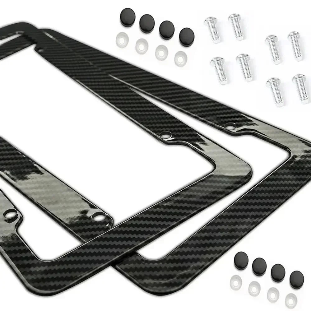 1/2PCS Carbon Fiber Pattern Plastic License Plate Frame Fiber Black Aluminum Metal Car Tag Holder Tire Screw Cap Universal Amagi