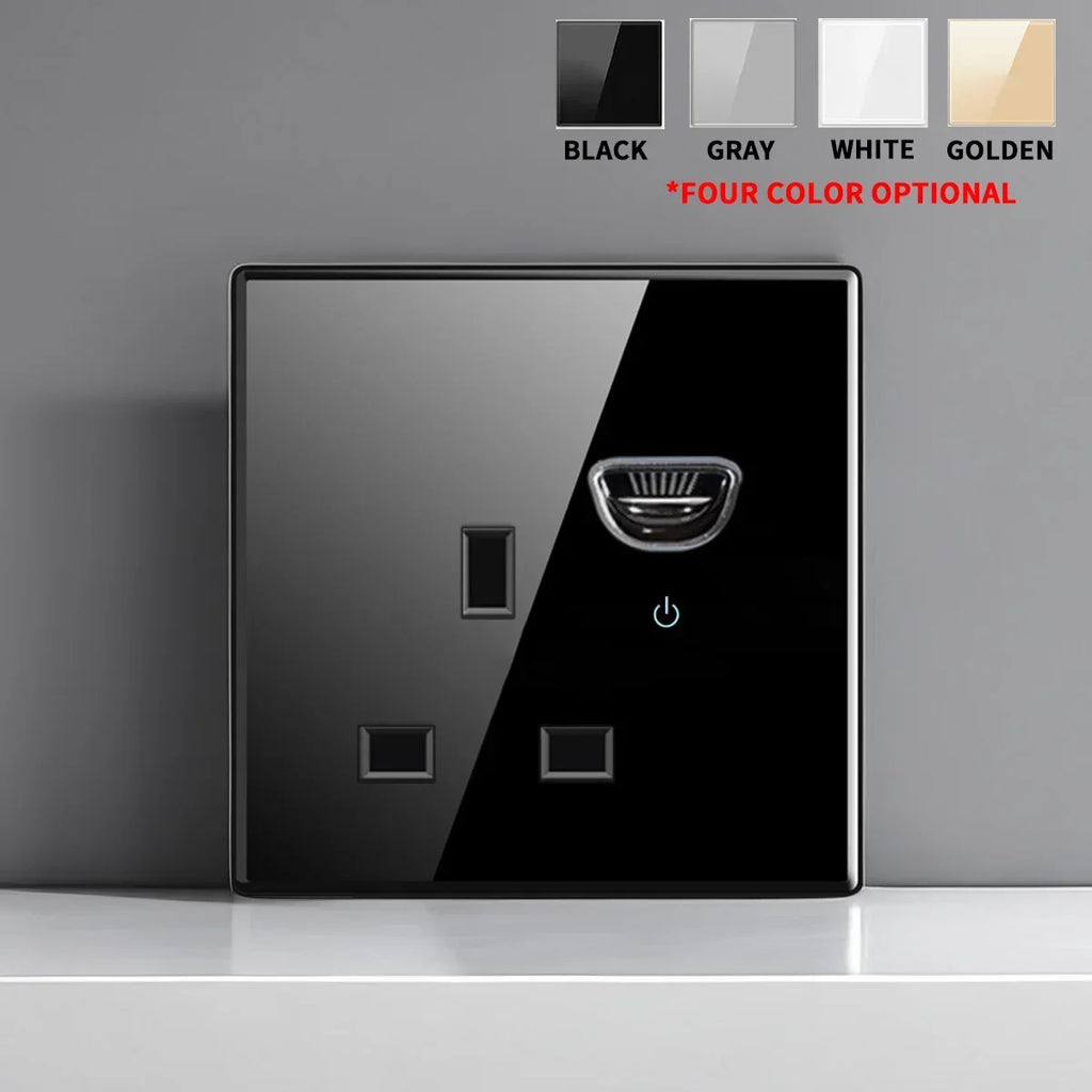 European British French Standard Tempered Glass Switch Socket with Indicator Light , Self-Reset 1 2 3 4 Gang Wall Panel Outlets