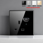 European British French Standard Tempered Glass Switch Socket with Indicator Light , Self-Reset 1 2 3 4 Gang Wall Panel Outlets