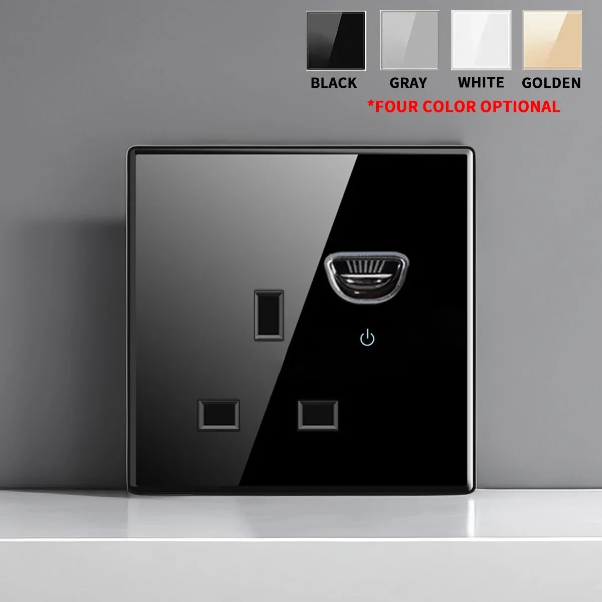 European British French Standard Tempered Glass Switch Socket with Indicator Light , Self-Reset 1 2 3 4 Gang Wall Panel Outlets