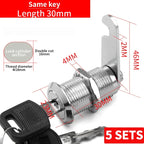 Cabinet Cam Lock Set, 5 Pack Two-Sided Keyed Alike 16MM-30MM Cylinder Cam Locks Secure Mailbox File Drawer Compartment Lock