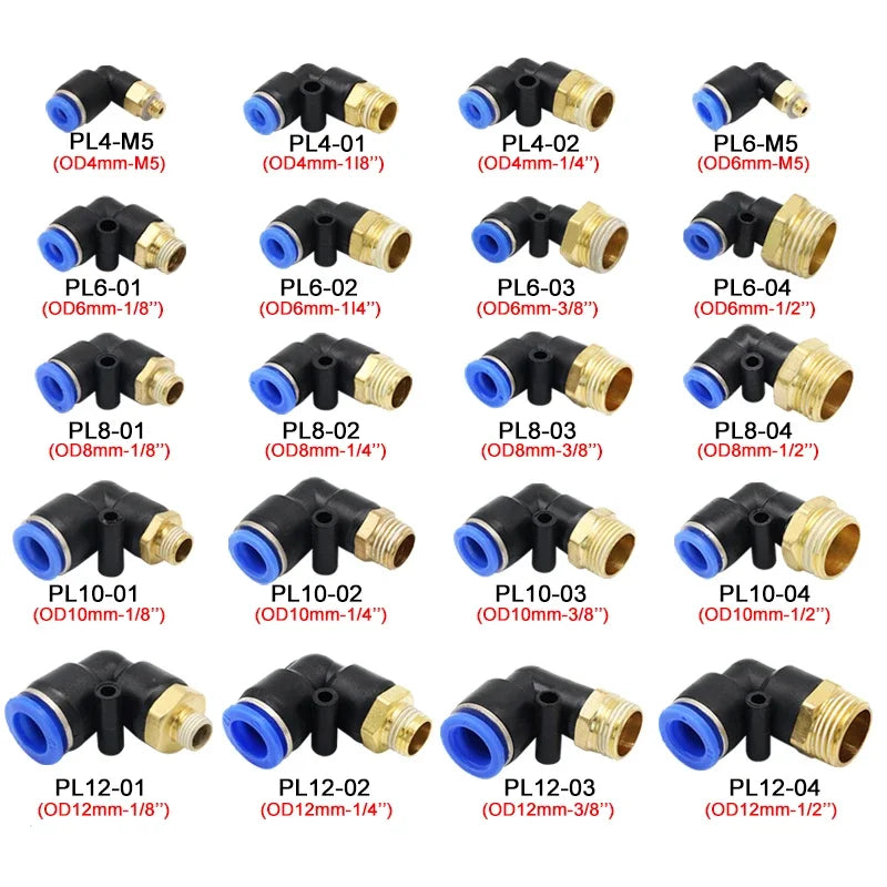 5PCS PL 4-12mm Pneumatic Elbow Quick Connector w/ 1/8"-1/2" Thread - PL Series Air Hose Fittings for Industrial PL6/8/10