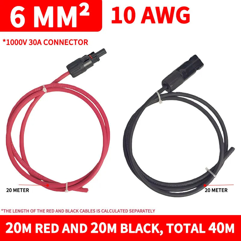 Solar PV Extension Cable Black Red 6mm² 10AWG Wire with DC Male Female Connector Waterproof Plug for Solar Panel System