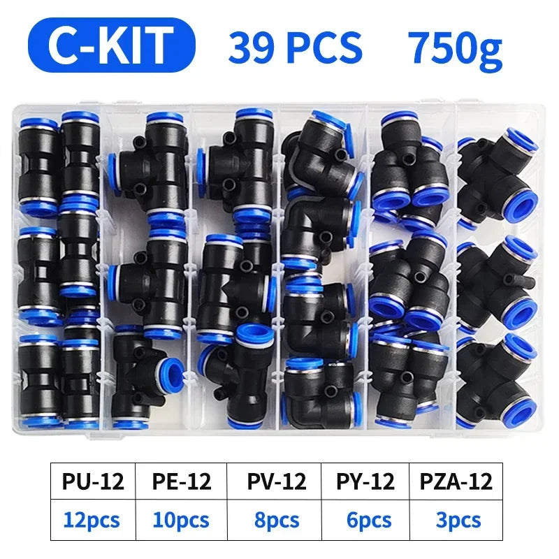 39 PCs/Box Boxed Pneumatic Fittings PU-12/PE-12/PZA-12/PY-12/PV-12 Quick Release Connectors Kit For 4mm Plastic Hose Couplings