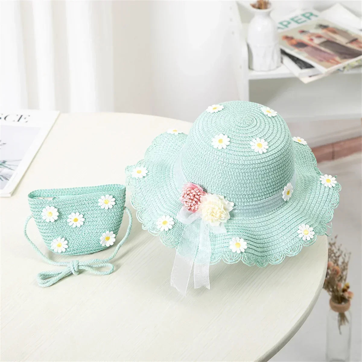 Girls' Straw Hat Bag Matching Travel Sun Hat Flower Children's Sun Hat Outdoor Fashion Fisherman Hat Sunscreen Hat Amagi