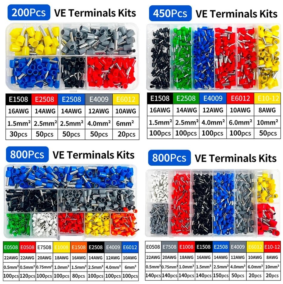200-1900Pcs E0508/E7508/E1008 Crimp Terminals | Pre-Insulated Ring Connectors for Electrical Wiring & Industrial Use