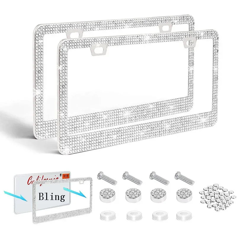 Bling Crystal License Plate Frame Luxury Car Frame Plate with Button Diamond Car License Plate Frame Cover for Women-2 Pack