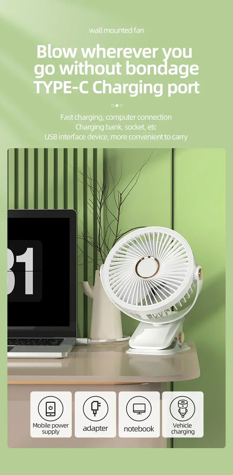 Car Rechargeable Desktop 2000mAh Portable Outdoor Home Fan Air Cycle Device Wireless Ceiling Mounted WithLED Light Clip on Amagi