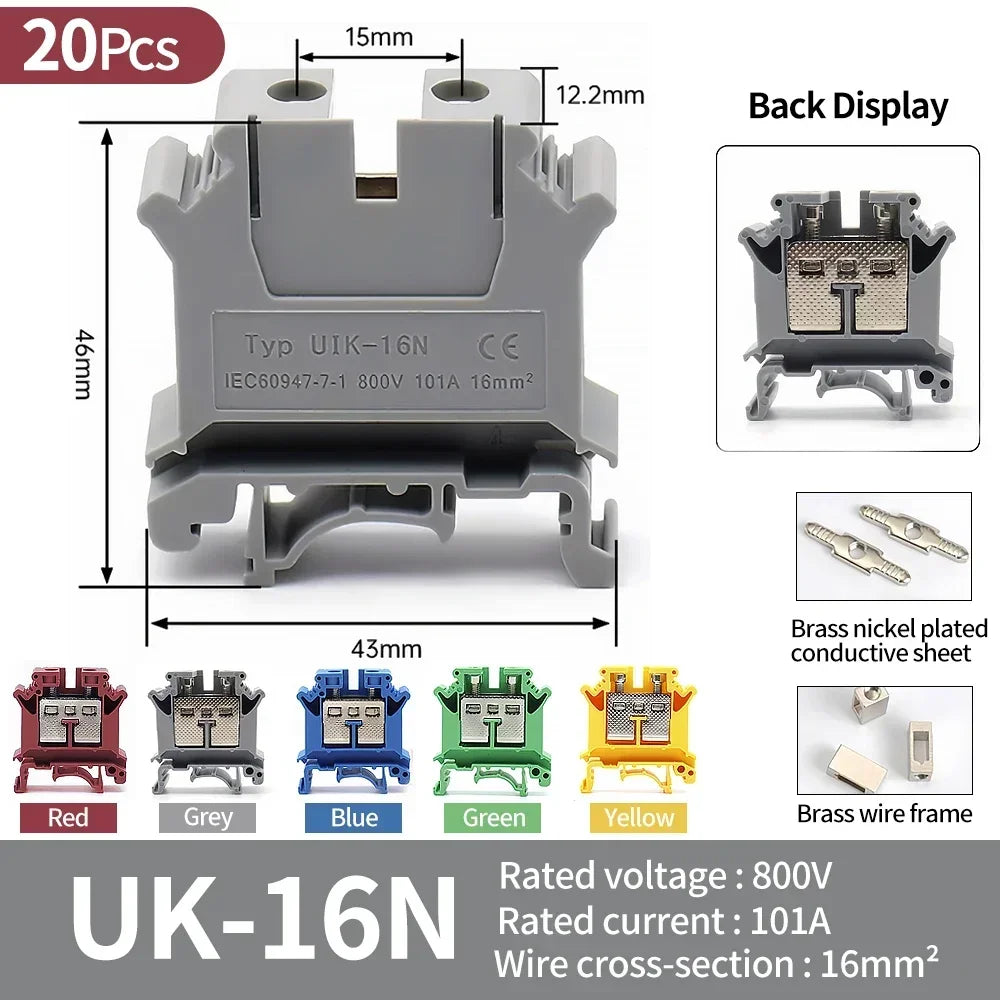 Premium Brass UK Screw Clamp Connector for Wiring, DIN Rail - Mounted,UK1.5N, 2.5B, 3N, 5N, 6N, 10N, 16N, 25N, 35N, 50N