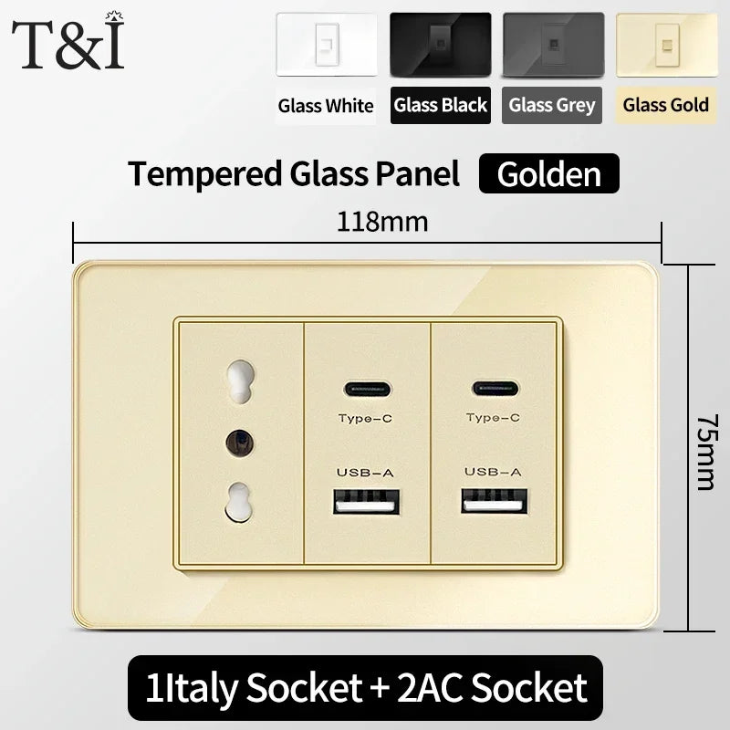 118-Style EU/CL Dual Socket with USB-C PD 20W - Tempered Glass Italy & Chile Outlet for Home/Office