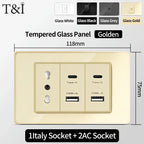 118-Style EU/CL Dual Socket with USB-C PD 20W - Tempered Glass Italy & Chile Outlet for Home/Office