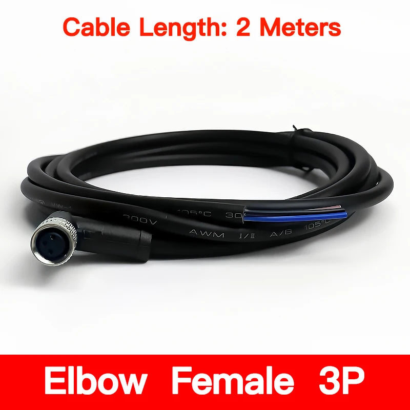 2m M8 Sensor Connector Cable, Straight & Right Angle Options, Male/Female, 3/4/5/6/8 Pin, Waterproof Molded Plug for Industry