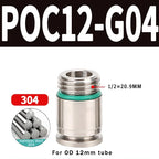 304 Stainless Steel Pneumatic Push-In Fitting POC-G, Internal Hex Quick Connector for Air and Gas Pipe Systems