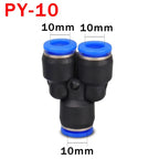 10pcs Y-Type Pneumatic Tee Fittings PY4-PY16 (4-16mm OD) - Push-In Quick Connect for Air/Water Hose, Blue Nylon & Brass