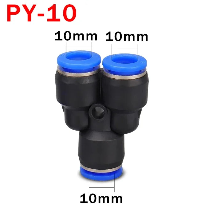 10pcs Y-Type Pneumatic Tee Fittings PY4-PY16 (4-16mm OD) - Push-In Quick Connect for Air/Water Hose, Blue Nylon & Brass