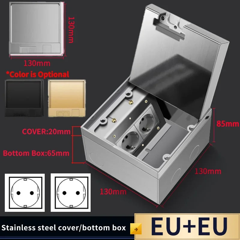 Hidden Floor Socket with USB Charging Ports, 304 Stainless Steel Underground Power Outlet, EU FR BR IL IT Standard, 130×130mm