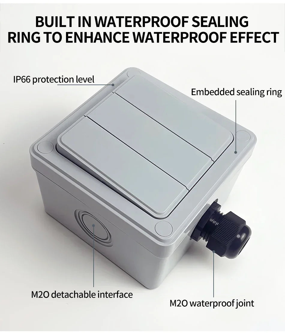 IP66 Outdoor Wall Switch 16A Weatherproof Push Button - 1/2/3 Gang Electrical for Garden/Patio/Exterior Use