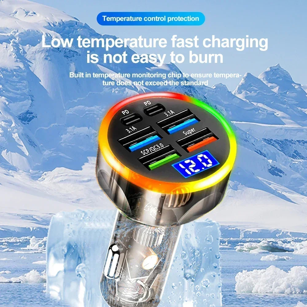 200W Car Charger 6 Ports Fast Charging with Digital Display PD QC3.0 USB C Quick Charging Adapter for IPhone Samsung Xiaomi Amag