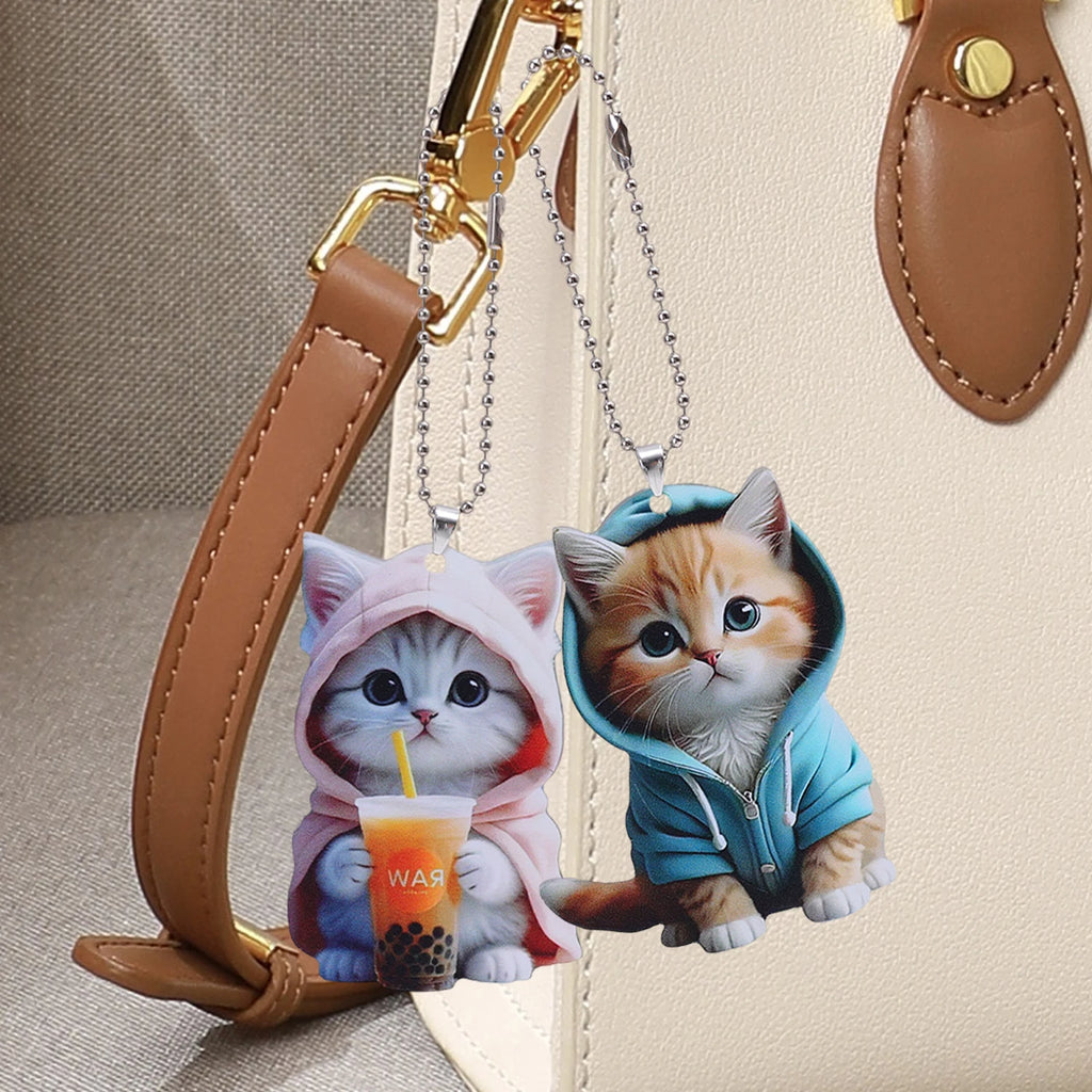 Acrylic Cat Pendant Key Chain 2D Flat Kitten Hanging Keychain Lifelike Kitten Bag Pendent Cartoon Animal Keyring Accessories