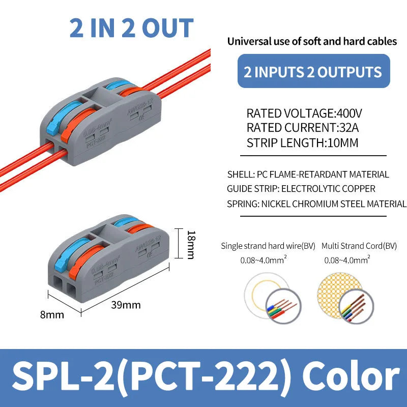 SPL-42/62/63/82/93 3/2-in 8/6/4-out Fast Wiring Terminal Multi-functional Parallel and Branch Docking Terminal Wire Connector