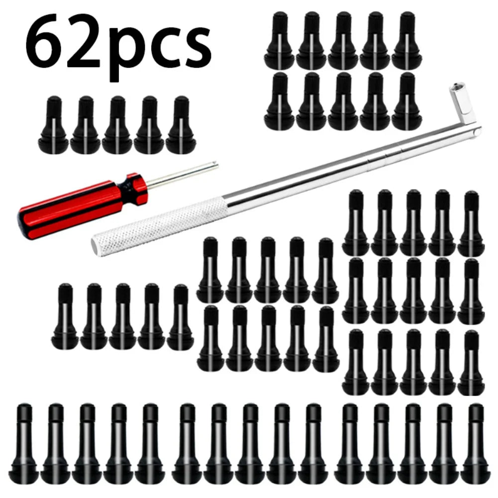62PCS Stem Puller Installer Tool Kit Tire Valve Stem Puller Set EPDM Snap-in Tire Valve Stem With Valve Core Remover Valve Tool