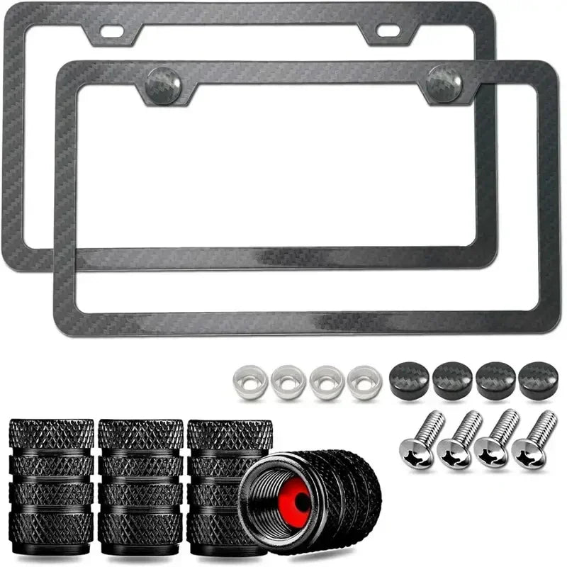 1/2PCS Carbon Fiber Pattern Plastic License Plate Frame Fiber Black Aluminum Metal Car Tag Holder Tire Screw Cap Universal Amagi
