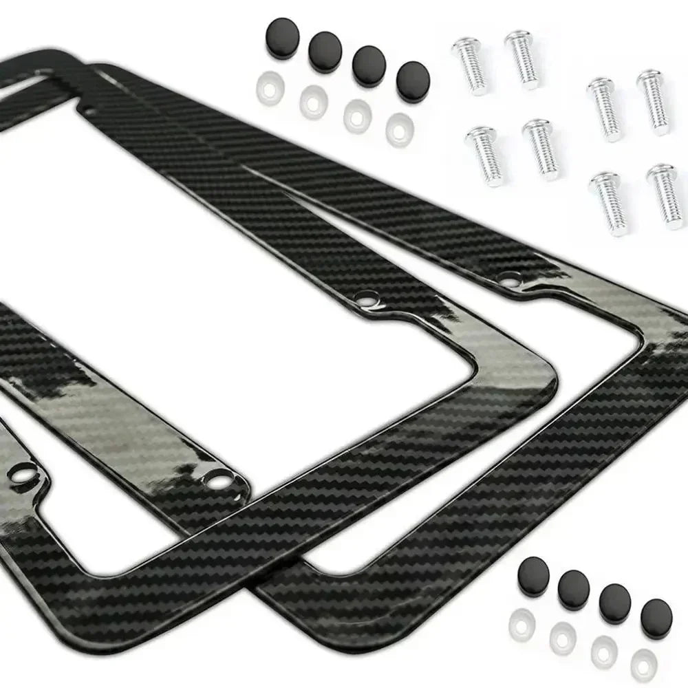 1/2PCS Carbon Fiber Pattern Plastic License Plate Frame Fiber Black Aluminum Metal Car Tag Holder Tire Screw Cap Universal Amagi