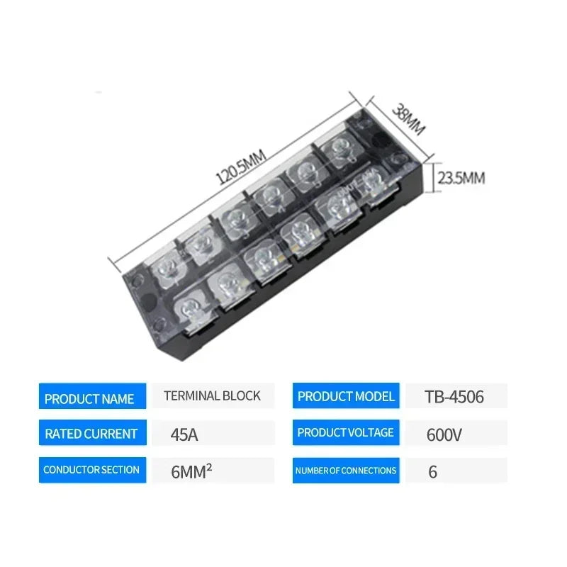 15A/25A/45A 600V Dual Row Barrier Terminal Block TB Series (3-12 Positions) Screw Connector for Electrical Panels TB1503 TB2512