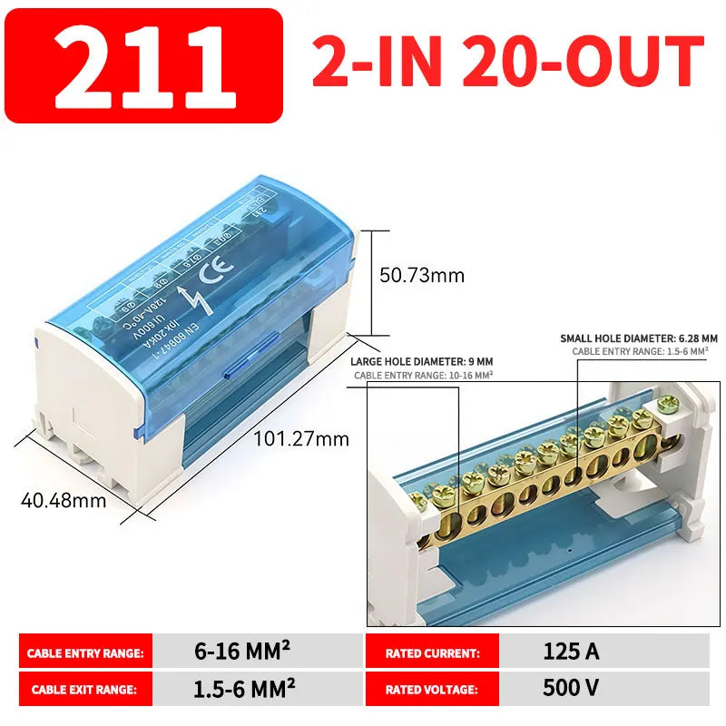 UK207 UK211 UK215 UK407 UK411 UK415 DIN Rail Terminal Block 125A Electrical Junction Box 1 In 2/4/6 Out Distribution Box