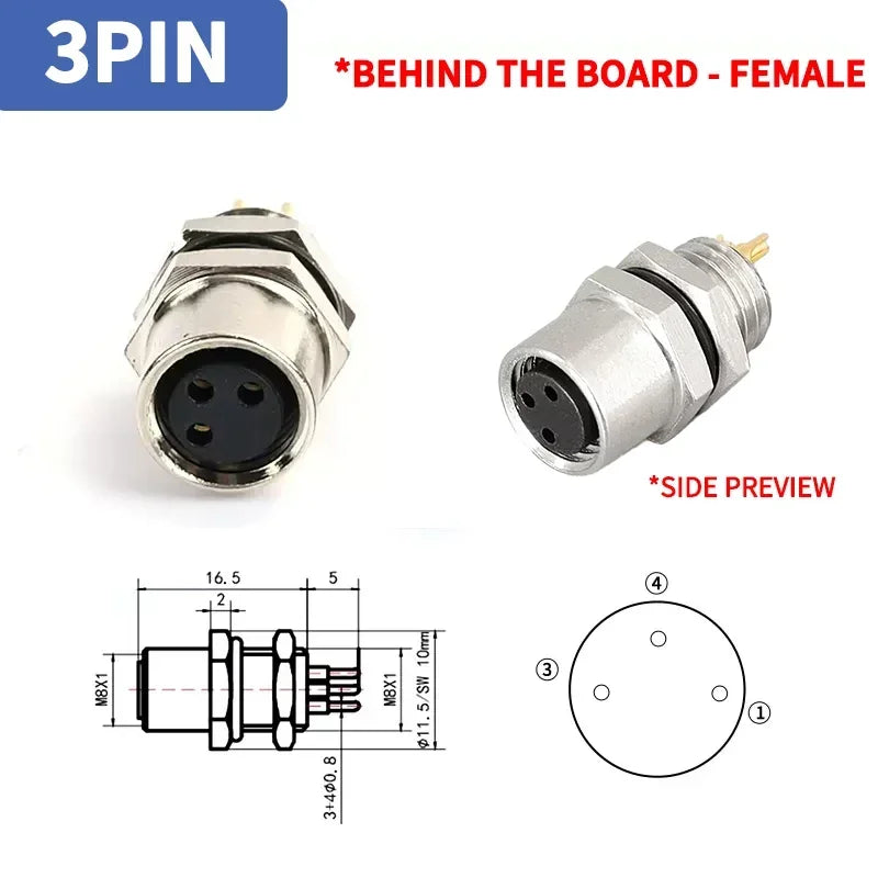 M8 Sensor Connector Panel Back Mount Waterproof Flange Socket Threaded Coupling Male&Female 3Pin 4Pin 5Pin A Type