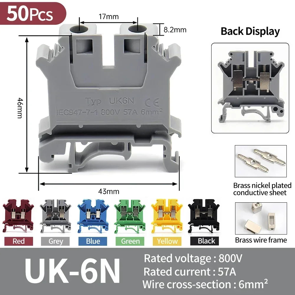 Premium Brass UK Screw Clamp Connector for Wiring, DIN Rail - Mounted,UK1.5N, 2.5B, 3N, 5N, 6N, 10N, 16N, 25N, 35N, 50N