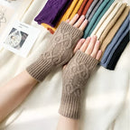 Men Women Stretch Acrylic Knit Stripe Fingerless Mitten Student Couple Winter Warm Twist Flower Half Finger Solid Glove Amagi