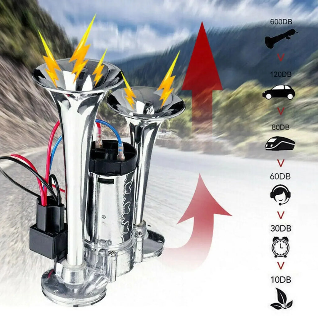 Super Loud 600DB Dual Trumpet Train Horns for Trucks 12V Stainless Steel Electric High Decibel Chrome Finished Car Speaker with