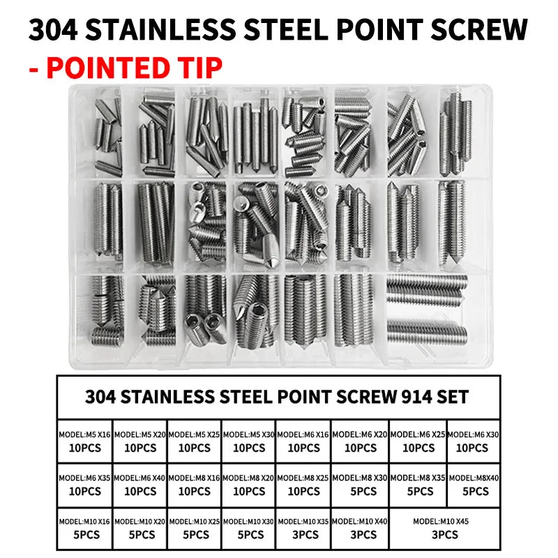 DIN914 304 Stainless Steel Hex Socket Point Grub Screws Set with M3, M4, M5, M6, M8, M10 Sizes - High - Hardness Assortment