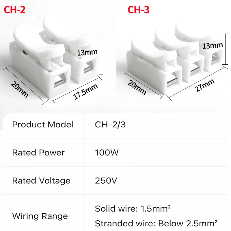100PCS CH2 CH3 Quick Push Wire Connector, 2Pin 3Pin Spring Loaded Terminal Block,Flame Retardant Electrical Connector for Wiring